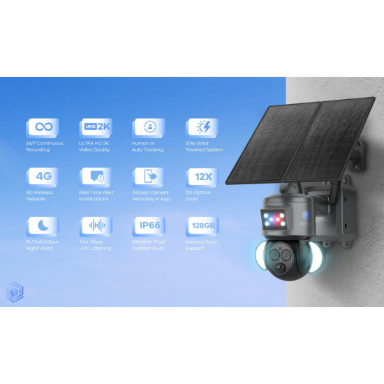 Solar Security Camera 12X Zoom 2K Two Cams 24/7